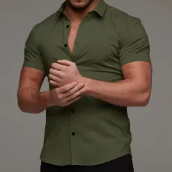 New OUKU Men's Shirt Summer Shirt Button Up Shirt Black White Red Blue Green Short Sleeve Plain Collar 3D Print Outdoor Casual Clothing Apparel Casual Slim Fit