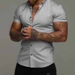 New OUKU Men's Shirt Summer Shirt Button Up Shirt Black White Red Blue Green Short Sleeve Plain Collar 3D Print Outdoor Casual Clothing Apparel Casual Slim Fit