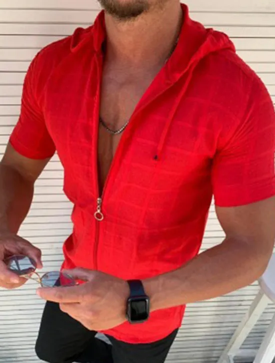 Outlet OUKU Men's Shirt Summer Shirt Beach Wear Casual Shirt Black White Red Orange Green Short Sleeve Plain Solid Colored Hooded non-printing Work Office / Career Clothing Apparel Vacation Simple Casual Daily