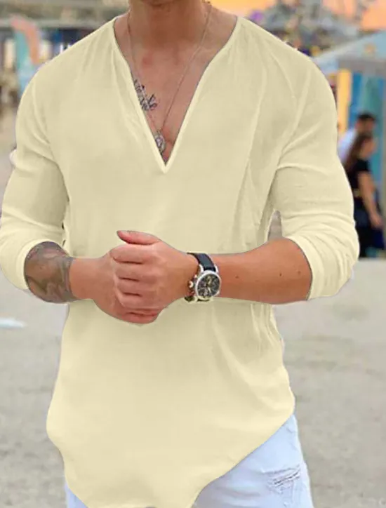 Online OUKU Men's Shirt Summer Shirt Beach Wear Casual Shirt T Shirt Tee Solid Color Outdoor Vacation Black White Blue Khaki Long Sleeve V Neck Summer Clothing Apparel