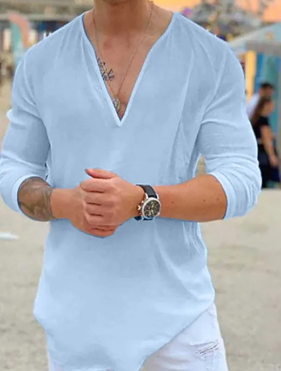 Online OUKU Men's Shirt Summer Shirt Beach Wear Casual Shirt T Shirt Tee Solid Color Outdoor Vacation Black White Blue Khaki Long Sleeve V Neck Summer Clothing Apparel