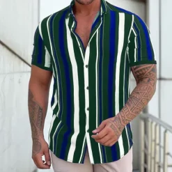 Online OUKU Men's Shirt Summer Shirt Button Up Shirt Black + White + Red Purple Green Short Sleeve Striped Turndown Street Casual Button-Down Clothing Apparel Fashion Casual Comfortable