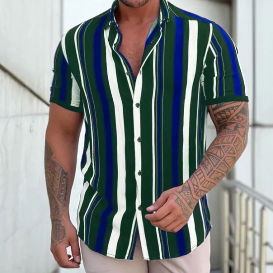 Online OUKU Men's Shirt Summer Shirt Button Up Shirt Black + White + Red Purple Green Short Sleeve Striped Turndown Street Casual Button-Down Clothing Apparel Fashion Casual Comfortable