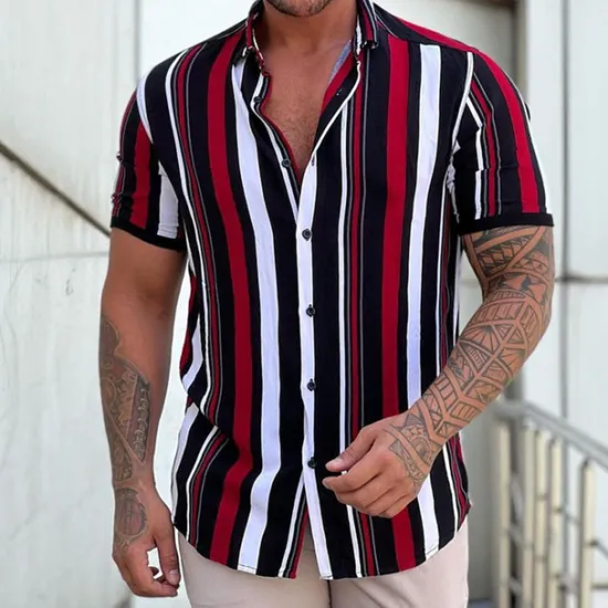 Online OUKU Men's Shirt Summer Shirt Button Up Shirt Black + White + Red Purple Green Short Sleeve Striped Turndown Street Casual Button-Down Clothing Apparel Fashion Casual Comfortable