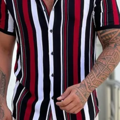 Online OUKU Men's Shirt Summer Shirt Button Up Shirt Black + White + Red Purple Green Short Sleeve Striped Turndown Street Casual Button-Down Clothing Apparel Fashion Casual Comfortable
