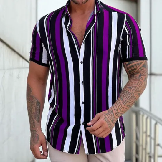 Online OUKU Men's Shirt Summer Shirt Button Up Shirt Black + White + Red Purple Green Short Sleeve Striped Turndown Street Casual Button-Down Clothing Apparel Fashion Casual Comfortable