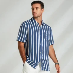 Outlet OUKU Men's Shirt Summer Shirt Button Up Shirt Casual Shirt Blue Short Sleeve Stripes Lapel Daily Wear Vacation Clothing Apparel Fashion Hawaiian Casual Beach Light Blue