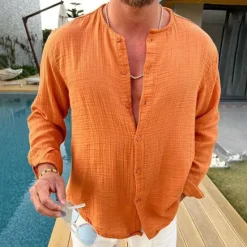Hot OUKU Men's Shirt Summer Shirt Button Up Shirt Designer Shirt Long Sleeve Plain Collarless Street Daily Button-Down Clothing Apparel Cotton Cotton Blend Fashion Casual Comfortable Orange