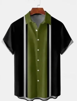 Sale OUKU Men's Shirt Summer Shirt Casual Shirt Bowling Shirt Button Up Shirt Blue Purple Green Light Grey Gray Short Sleeve Color Block Turndown Vacation Street Front Pocket Clothing Apparel Cotton Cotton