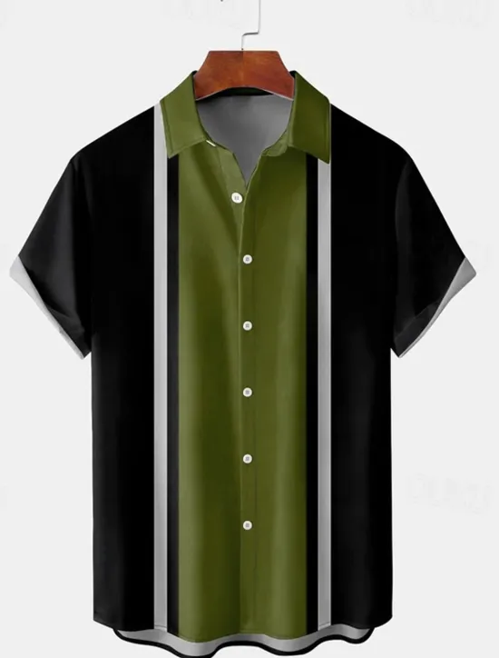 Sale OUKU Men's Shirt Summer Shirt Casual Shirt Bowling Shirt Button Up Shirt Blue Purple Green Light Grey Gray Short Sleeve Color Block Turndown Vacation Street Front Pocket Clothing Apparel Cotton Cotton