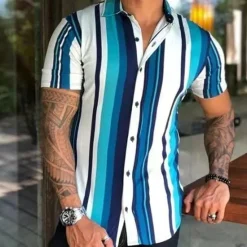 Hot OUKU Men's Shirt Summer Shirt Casual Shirt Beach Shirt Button Up Shirt Striped Shirts Black White Yellow Blue Orange Short Sleeve Stripes Lapel Vacation Hawaiian Clothing Apparel Polyester Fashion Casual