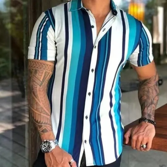 Hot OUKU Men's Shirt Summer Shirt Casual Shirt Beach Shirt Button Up Shirt Striped Shirts Black White Yellow Blue Orange Short Sleeve Stripes Lapel Vacation Hawaiian Clothing Apparel Polyester Fashion Casual
