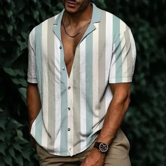 Hot OUKU Men's Shirt Summer Shirt Casual Shirt Beach Shirt Button Up Shirt Striped Shirts Black White Yellow Blue Orange Short Sleeve Stripes Lapel Vacation Hawaiian Clothing Apparel Polyester Fashion Casual