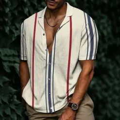 Hot OUKU Men's Shirt Summer Shirt Casual Shirt Beach Shirt Button Up Shirt Striped Shirts Black White Yellow Blue Orange Short Sleeve Stripes Lapel Vacation Hawaiian Clothing Apparel Polyester Fashion Casual