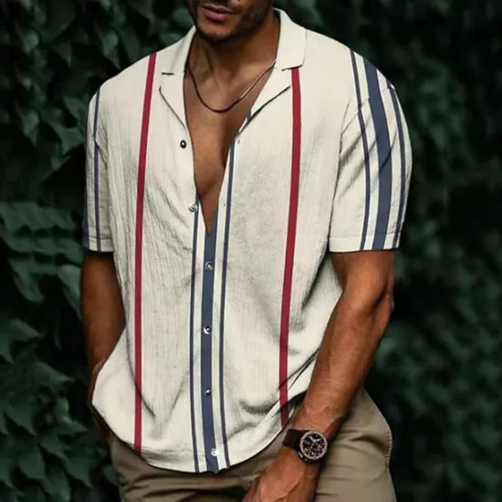 Hot OUKU Men's Shirt Summer Shirt Casual Shirt Beach Shirt Button Up Shirt Striped Shirts Black White Yellow Blue Orange Short Sleeve Stripes Lapel Vacation Hawaiian Clothing Apparel Polyester Fashion Casual