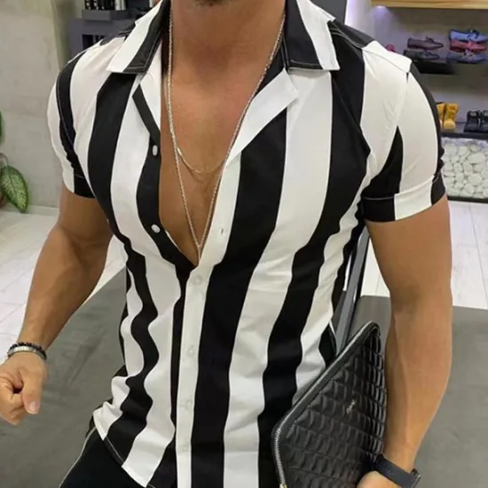 Hot OUKU Men's Shirt Summer Shirt Casual Shirt Beach Shirt Button Up Shirt Striped Shirts Black White Yellow Blue Orange Short Sleeve Stripes Lapel Vacation Hawaiian Clothing Apparel Polyester Fashion Casual