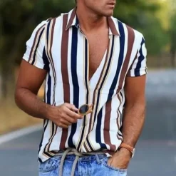 Hot OUKU Men's Shirt Summer Shirt Casual Shirt Beach Shirt Button Up Shirt Striped Shirts Black White Yellow Blue Orange Short Sleeve Stripes Lapel Vacation Hawaiian Clothing Apparel Polyester Fashion Casual