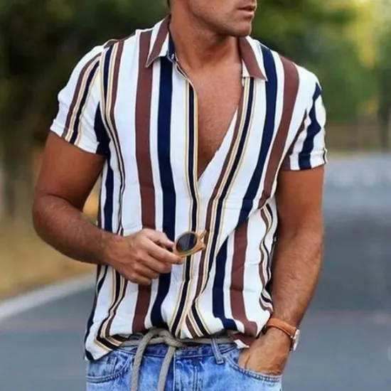 Hot OUKU Men's Shirt Summer Shirt Casual Shirt Beach Shirt Button Up Shirt Striped Shirts Black White Yellow Blue Orange Short Sleeve Stripes Lapel Vacation Hawaiian Clothing Apparel Polyester Fashion Casual