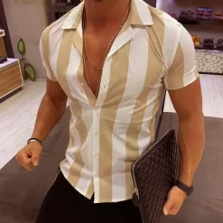 Hot OUKU Men's Shirt Summer Shirt Casual Shirt Beach Shirt Button Up Shirt Striped Shirts Black White Yellow Blue Orange Short Sleeve Stripes Lapel Vacation Hawaiian Clothing Apparel Polyester Fashion Casual
