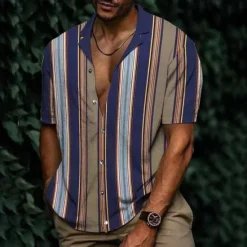 Hot OUKU Men's Shirt Summer Shirt Casual Shirt Beach Shirt Button Up Shirt Striped Shirts Black White Yellow Blue Orange Short Sleeve Stripes Lapel Vacation Hawaiian Clothing Apparel Polyester Fashion Casual