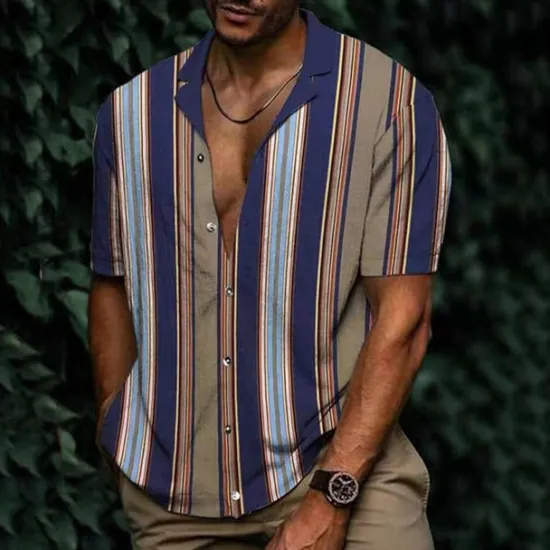 Hot OUKU Men's Shirt Summer Shirt Casual Shirt Beach Shirt Button Up Shirt Striped Shirts Black White Yellow Blue Orange Short Sleeve Stripes Lapel Vacation Hawaiian Clothing Apparel Polyester Fashion Casual