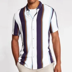 Hot OUKU Men's Shirt Summer Shirt Casual Shirt Beach Shirt Button Up Shirt Striped Shirts Black White Yellow Blue Orange Short Sleeve Stripes Lapel Vacation Hawaiian Clothing Apparel Polyester Fashion Casual