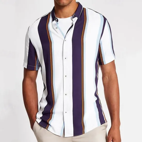 Hot OUKU Men's Shirt Summer Shirt Casual Shirt Beach Shirt Button Up Shirt Striped Shirts Black White Yellow Blue Orange Short Sleeve Stripes Lapel Vacation Hawaiian Clothing Apparel Polyester Fashion Casual