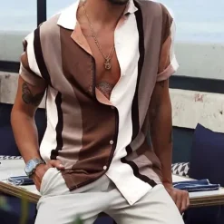 Hot OUKU Men's Shirt Summer Shirt Casual Shirt Beach Shirt Button Up Shirt Striped Shirts Black White Yellow Blue Orange Short Sleeve Stripes Lapel Vacation Hawaiian Clothing Apparel Polyester Fashion Casual