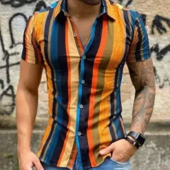 Hot OUKU Men's Shirt Summer Shirt Casual Shirt Beach Shirt Button Up Shirt Striped Shirts Black White Yellow Blue Orange Short Sleeve Stripes Lapel Vacation Hawaiian Clothing Apparel Polyester Fashion Casual