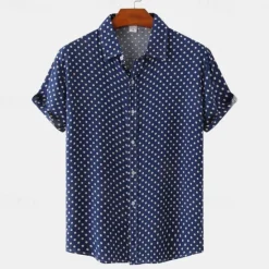 Online OUKU Men's Shirt Summer Shirt Casual Shirt Beach Shirt Button Up Shirt Black White Pink Navy Blue Blue Short Sleeve Polka Dot Shirt Collar Vacation Hawaiian Clothing Apparel Polyester Fashion Casual