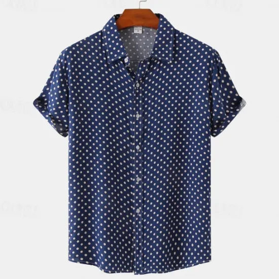 Online OUKU Men's Shirt Summer Shirt Casual Shirt Beach Shirt Button Up Shirt Black White Pink Navy Blue Blue Short Sleeve Polka Dot Shirt Collar Vacation Hawaiian Clothing Apparel Polyester Fashion Casual