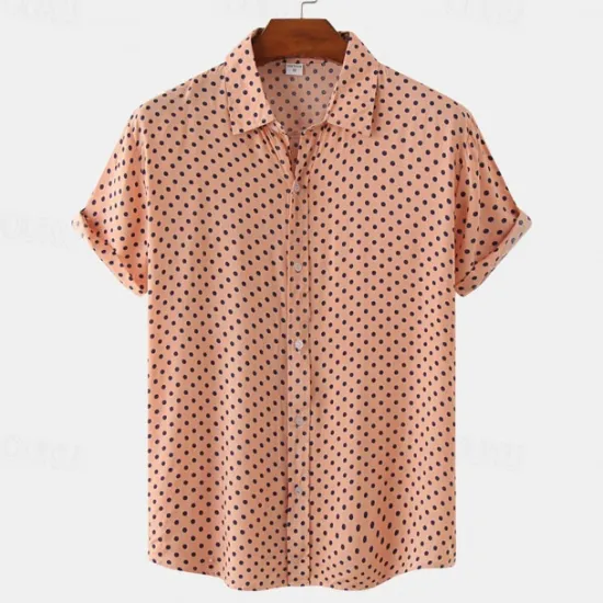 Online OUKU Men's Shirt Summer Shirt Casual Shirt Beach Shirt Button Up Shirt Black White Pink Navy Blue Blue Short Sleeve Polka Dot Shirt Collar Vacation Hawaiian Clothing Apparel Polyester Fashion Casual