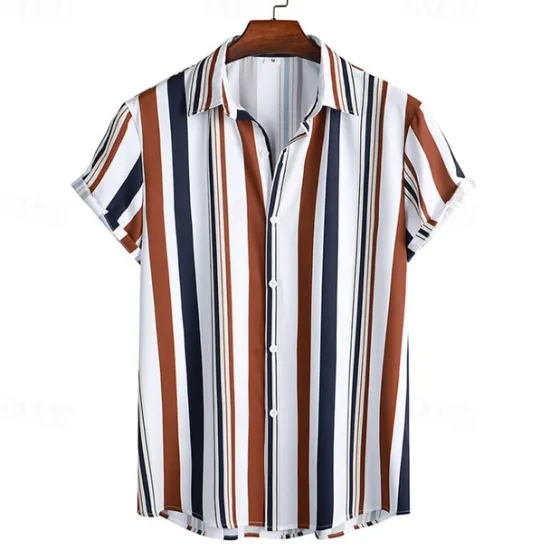 Outlet OUKU Men's Shirt Summer Shirt Casual Shirt Beach Shirt Button Up Shirt Striped Shirts White Blue Brown khaki Short Sleeve Stripes Turndown Vacation Hawaiian Clothing Apparel Polyester Fashion Casual
