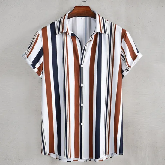 Outlet OUKU Men's Shirt Summer Shirt Casual Shirt Beach Shirt Button Up Shirt Striped Shirts White Blue Brown khaki Short Sleeve Stripes Turndown Vacation Hawaiian Clothing Apparel Polyester Fashion Casual