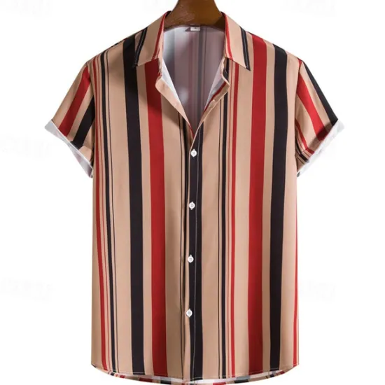 Outlet OUKU Men's Shirt Summer Shirt Casual Shirt Beach Shirt Button Up Shirt Striped Shirts White Blue Brown khaki Short Sleeve Stripes Turndown Vacation Hawaiian Clothing Apparel Polyester Fashion Casual