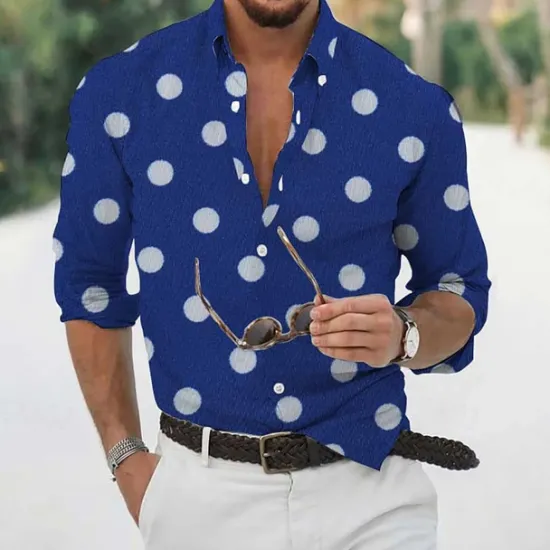 Discount OUKU Men's Shirt Summer Shirt Casual Shirt Beach Shirt Button Up Shirt Blue Purple Long Sleeve Dot Lapel Vacation Hawaiian Clothing Apparel Polyester Fashion Casual Comfortable