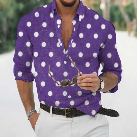 Discount OUKU Men's Shirt Summer Shirt Casual Shirt Beach Shirt Button Up Shirt Blue Purple Long Sleeve Dot Lapel Vacation Hawaiian Clothing Apparel Polyester Fashion Casual Comfortable