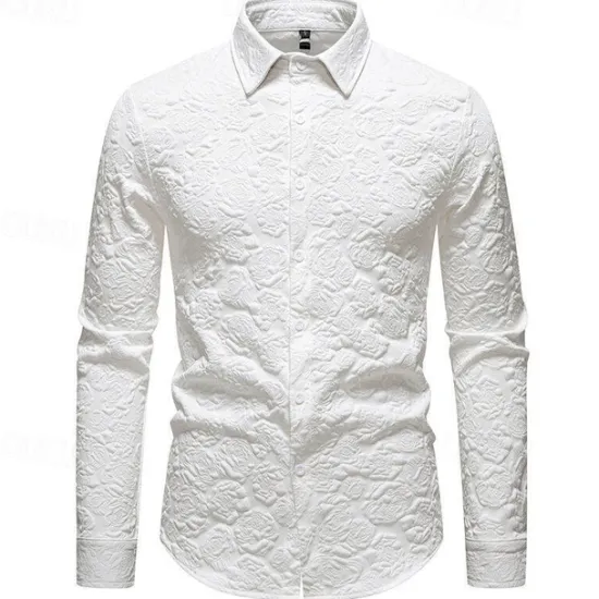 Online OUKU Men's Shirt Summer Shirt Casual Shirt Beach Shirt Button Up Shirt Black White Long Sleeve Plain Lapel Vacation Hawaiian Jacquard Clothing Apparel Polyester Fashion Casual Comfortable