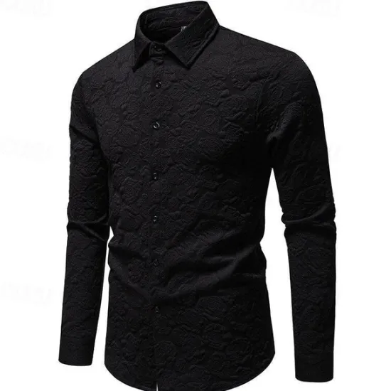 Online OUKU Men's Shirt Summer Shirt Casual Shirt Beach Shirt Button Up Shirt Black White Long Sleeve Plain Lapel Vacation Hawaiian Jacquard Clothing Apparel Polyester Fashion Casual Comfortable