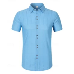 Online OUKU Men's Shirt Summer Shirt Casual Shirt Beach Shirt Button Up Shirt Black White Navy Blue Sky Blue khaki Short Sleeve Plain Lapel Vacation Hawaiian Buttons Clothing Apparel Polyester Fashion Casual