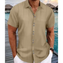 Online OUKU Men's Shirt Summer Shirt Casual Shirt Beach Shirt Button Up Shirt Black White Navy Blue Sky Blue khaki Short Sleeve Plain Lapel Vacation Hawaiian Buttons Clothing Apparel Polyester Fashion Casual