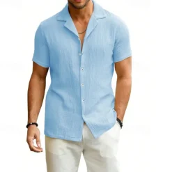 Outlet OUKU Men's Shirt Summer Shirt Casual Shirt Beach Shirt Button Up Shirt Black White Sky Blue khaki Gray Short Sleeve Plain Lapel Vacation Hawaiian Clothing Apparel Polyester Fashion Casual Comfortable