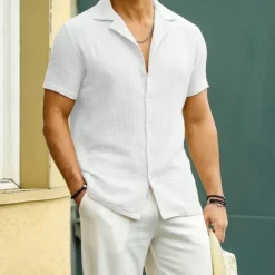 Outlet OUKU Men's Shirt Summer Shirt Casual Shirt Beach Shirt Button Up Shirt Black White Sky Blue khaki Gray Short Sleeve Plain Lapel Vacation Hawaiian Clothing Apparel Polyester Fashion Casual Comfortable