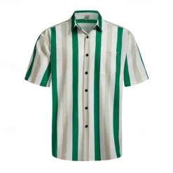 Online OUKU Men's Shirt Summer Shirt Casual Shirt Beach Shirt Button Up Shirt Light Green Blue Green Gray Short Sleeve Stripes Lapel Vacation Hawaiian Clothing Apparel Polyester Fashion Casual Comfortable