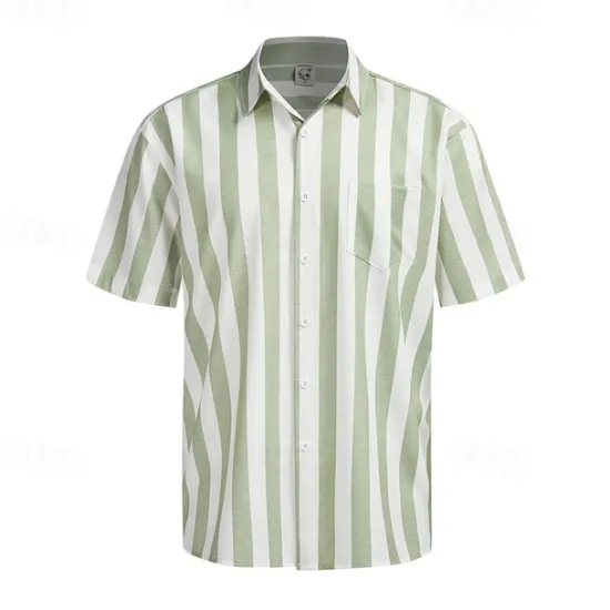 Online OUKU Men's Shirt Summer Shirt Casual Shirt Beach Shirt Button Up Shirt Light Green Blue Green Gray Short Sleeve Stripes Lapel Vacation Hawaiian Clothing Apparel Polyester Fashion Casual Comfortable