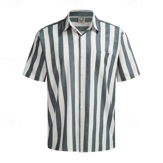 Online OUKU Men's Shirt Summer Shirt Casual Shirt Beach Shirt Button Up Shirt Light Green Blue Green Gray Short Sleeve Stripes Lapel Vacation Hawaiian Clothing Apparel Polyester Fashion Casual Comfortable