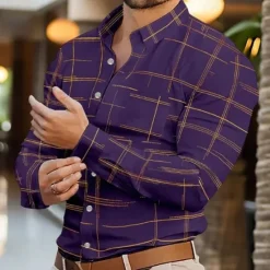 Best OUKU Men's Shirt Summer Shirt Casual Shirt Beach Shirt Button Up Shirt Black White Wine Royal Blue Purple Long Sleeve Printing Lapel Vacation Hawaiian Clothing Apparel Polyester Fashion Casual Comfortable