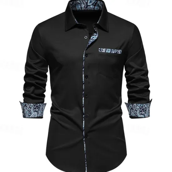 OUKU Men's Shirt Summer Shirt Casual Shirt Beach Shirt Collared Shirt Button Up Shirt Black White Navy Blue Long Sleeve Paisley Lapel Vacation Hawaiian Pocket Clothing Apparel Polyester Fashion Casual