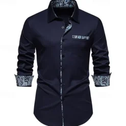 OUKU Men's Shirt Summer Shirt Casual Shirt Beach Shirt Collared Shirt Button Up Shirt Black White Navy Blue Long Sleeve Paisley Lapel Vacation Hawaiian Pocket Clothing Apparel Polyester Fashion Casual