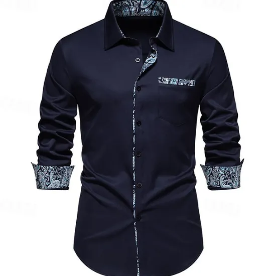 OUKU Men's Shirt Summer Shirt Casual Shirt Beach Shirt Collared Shirt Button Up Shirt Black White Navy Blue Long Sleeve Paisley Lapel Vacation Hawaiian Pocket Clothing Apparel Polyester Fashion Casual